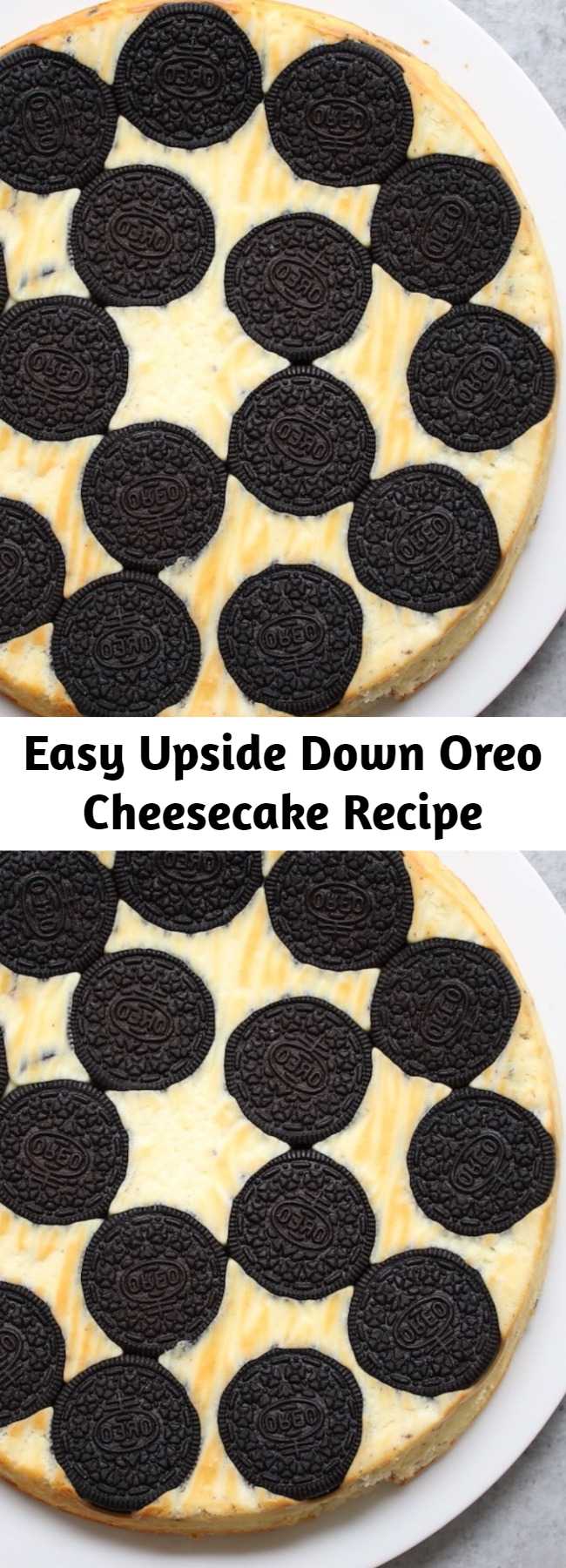 Easy Upside Down Oreo Cheesecake Recipe - Upside Down Oreo Cheesecake is a scrumptious dessert with an elegant presentation that never fails to impress! The cheesecake is easy to make with just 5 simple ingredients - cream cheese, eggs, sugar, yogurt and vanilla - and the bottom of the pan is lined with whole oreo cookies that moisten during baking for a melt-in-your-mouth sensation!
