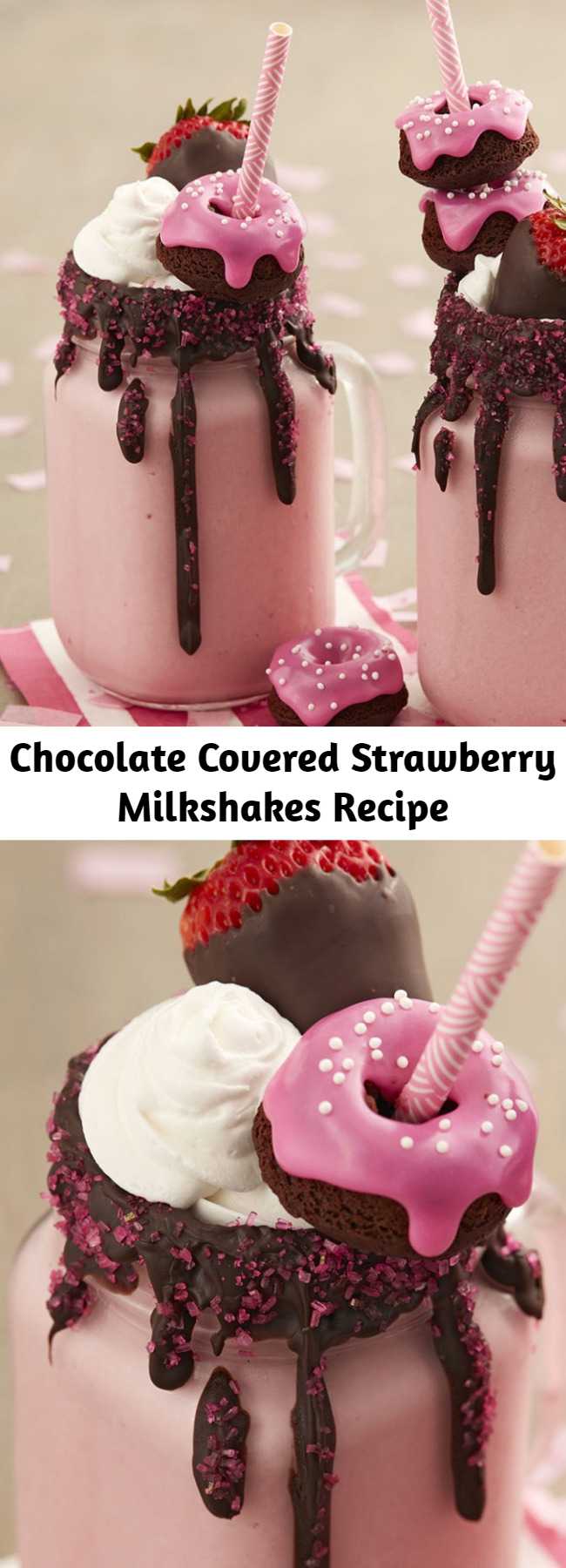 Chocolate Covered Strawberry Milkshakes Recipe - Get the goodness of chocolate covered strawberries in a glass! Dark Cocoa Candy Melts blend perfectly with strawberry ice cream. Top it all off with sparkling sugar, a mini chocolate doughnut and a chocolate covered strawberry, of course.