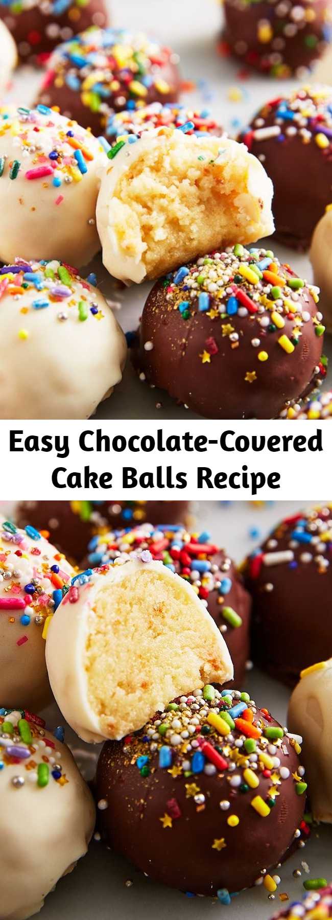 Easy Chocolate-Covered Cake Balls Recipe - You can use any type of cake for this recipe. But truthfully, we like starting with boxed mix. With the homemade buttercream, chocolate coating, and festive sprinkles, no one will notice or care.