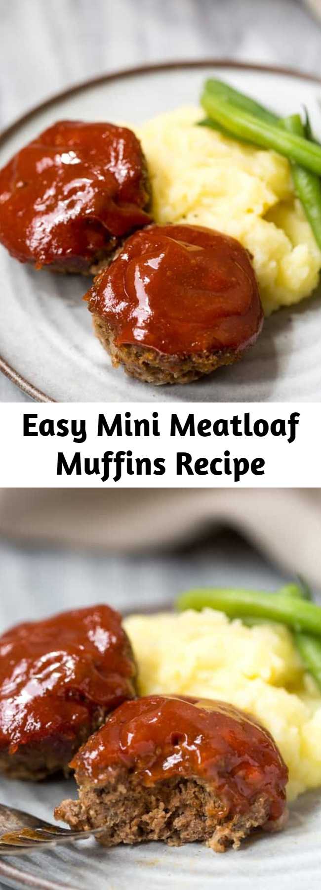 Easy Mini Meatloaf Muffins Recipe - Easy Mini Meatloaf muffins are made with ground beef or ground turkey and topped with a delicious meatloaf sauce.  They are easier and healthier than traditional meatloaf.