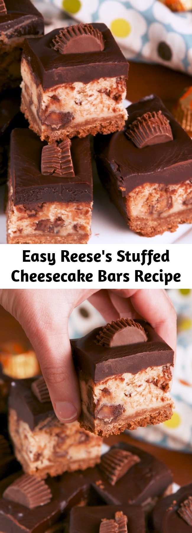 Easy Reese's Stuffed Cheesecake Bars Recipe - No such thing as too much peanut butter. #food #baking #easyrecipe #dessert #ideas