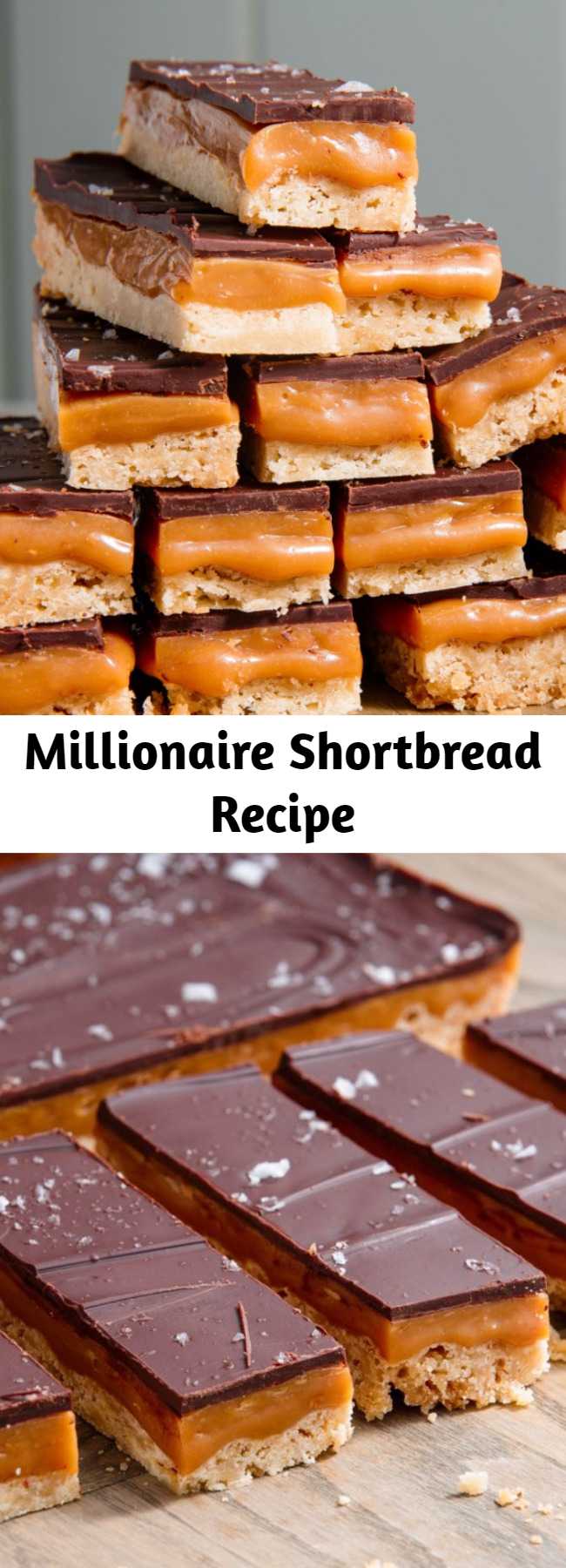 Millionaire Shortbread Recipe - It may look impressive (and daunting), but this classic Millionaire Shortbread recipe is insanely easy to bake at home. It starts with a perfect and simple buttery shortbread base. On top: a 2-ingredient caramel that starts with pre-made candies. To top it all off, a layer of decadent chocolate sprinkled with flaky sea salt.