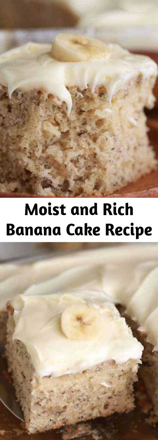 Moist and Rich Banana Cake Recipe - This Banana Cake is soft, moist and rich all at the same time! Once cooled this cake is topped with a totally irresistible lemon cream cheese frosting for a perfect dessert your family will love.