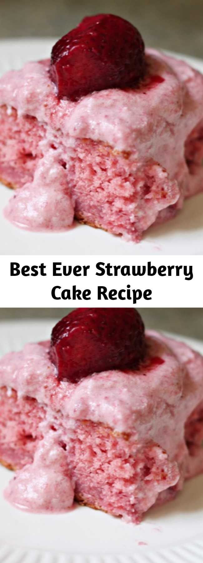 Best Ever Strawberry Cake Recipe - Easy strawberry sheet cake made with a box cake mix base, with added ingredients and a cream cheese strawberry icing.