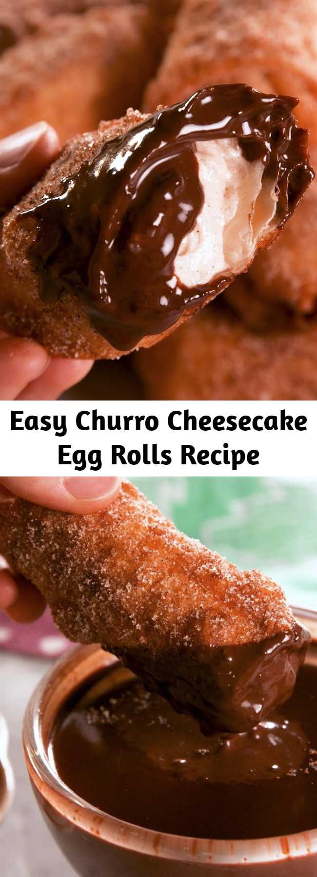 Easy Churro Cheesecake Egg Rolls Recipe - If you're a fan of churros and cheesecake, this dessert was made for you. Ready in just 30 minutes and using a fraction of the normal amount of frying oil you'd need to cook churros, this treat is simple to make and perfect for sharing. #easy #recipe #churro #cheesecake #eggroll #dessert #chocolate #creamcheese