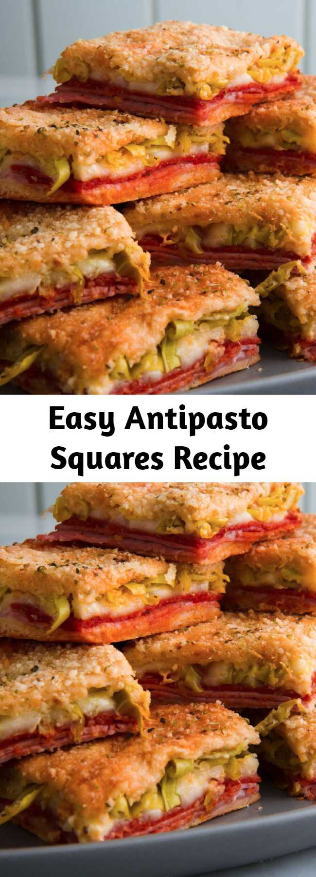 Easy Antipasto Squares Recipe - Turns out an antipasto salad like this gets even better when you layer it between crescent sheets and we aren't mad about that at all. #easy #recipe #antipasto #pizza #squares #bites #superbowlrecipe #superbowl #gameday #appetizer #snack #cheese #crescentroll