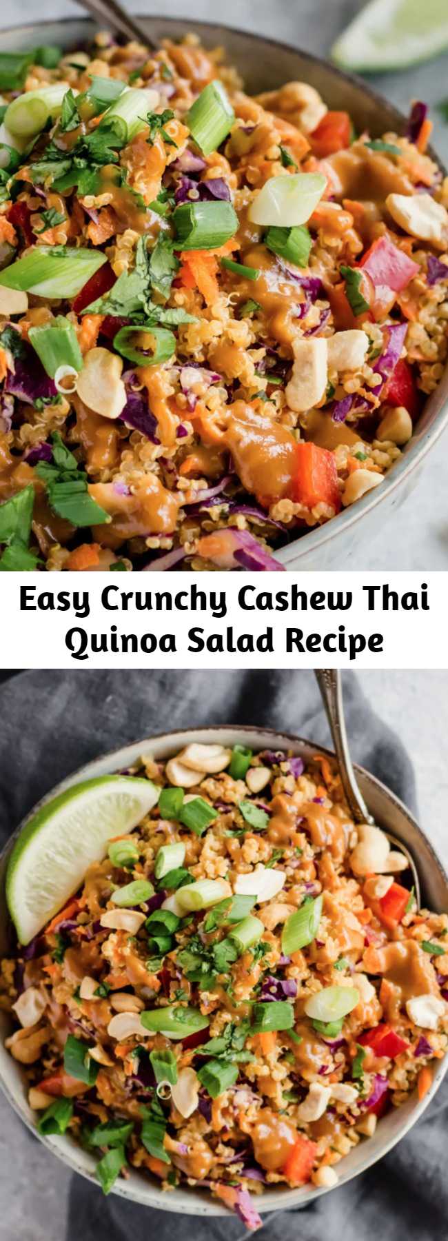 Easy Crunchy Cashew Thai Quinoa Salad Recipe - Delicious vegan and easily gluten-free salad with Thai flavors and a perfect crunch. It's even better the next day! #veganrecipe #veganfood #thaifood #vegetarian #plantbased #healthylunch #lunchideas #mealprep #mealprepping #glutenfree #glutenfreerecipes