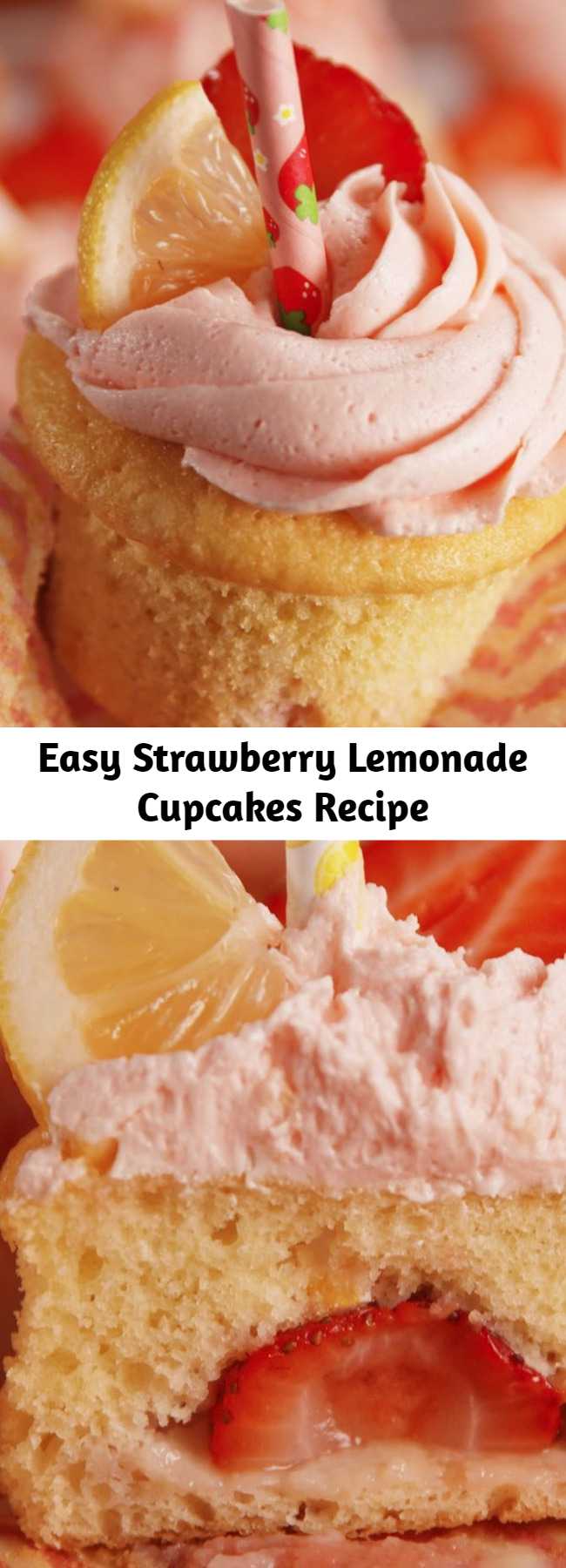 Easy Strawberry Lemonade Cupcakes Recipe - Sweet strawberry and tart lemon are seriously perfect together.