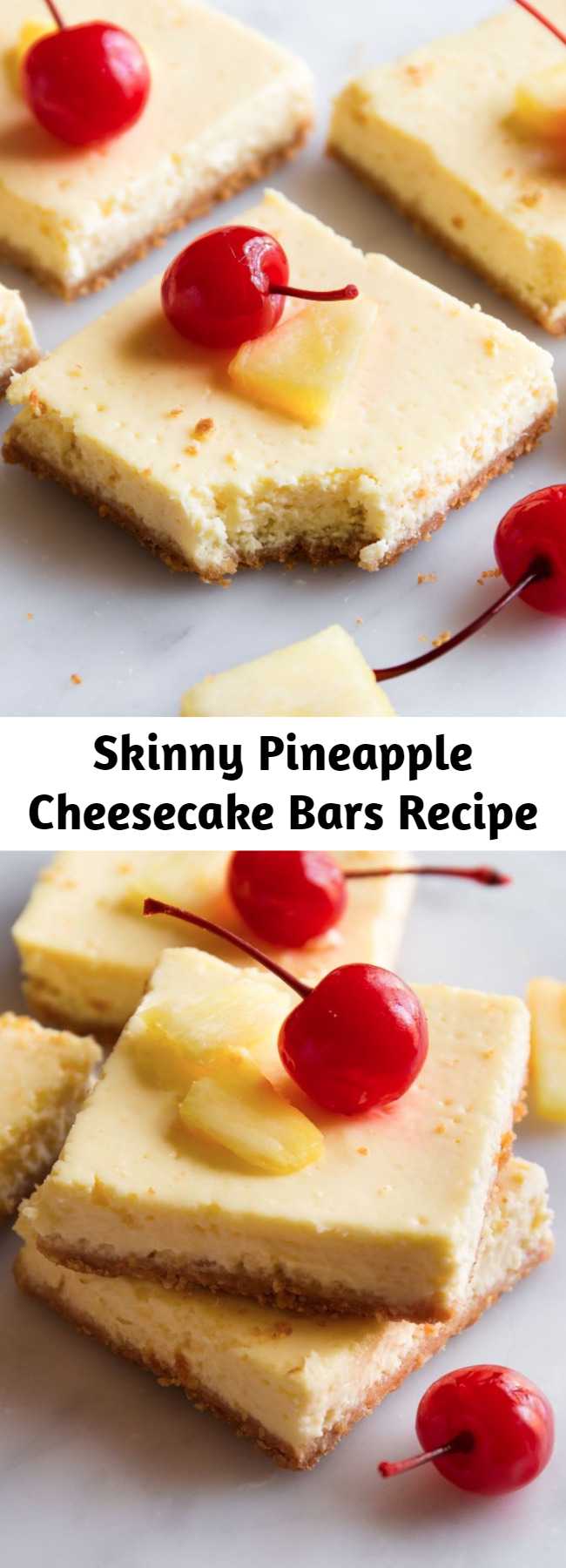 Skinny Pineapple Cheesecake Bars Recipe - The best news we've heard so far this year is that these bars are only 130 calories. Transport yourself to the tropics with these lightened-up cheesecake bars.