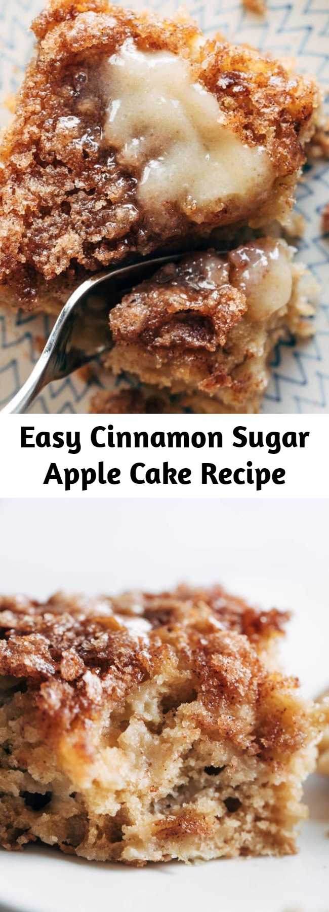 Easy Cinnamon Sugar Apple Cake Recipe - This simple cinnamon sugar apple cake is light and fluffy, loaded with fresh apples, and topped with a crunchy cinnamon sugar layer! It’s low maintenance, highly snackable, and 100% as warming, fragrant, and cozy a basic apple cake should be.  #cake #apple #dessert #baking #recipe