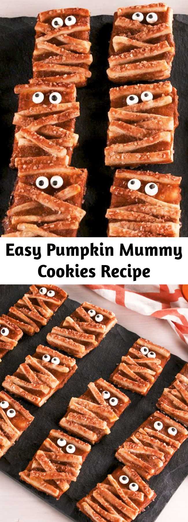 Easy Pumpkin Mummy Cookies Recipe - These adorable "cookies" are basically mini pumpkin pies. Pumpkin Mummy Cookies from Delish.com are so adorable, you'll be screaming with joy this Halloween.