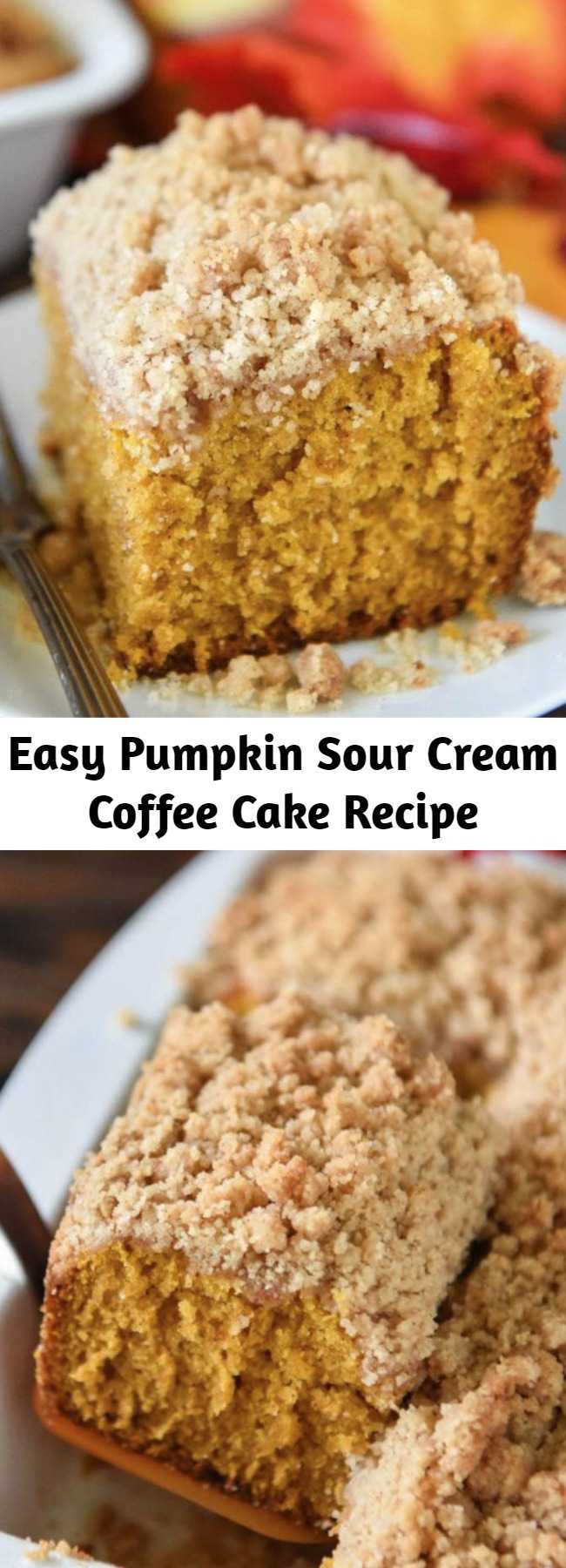 Easy Pumpkin Sour Cream Coffee Cake Recipe - An extra moist pumpkin spice cake (made from scratch) is topped with an amazing cinnamon crumb topping! Serve it with coffee for breakfast or for dessert! #Pumpkin #CoffeeCake #Dessert #Cake