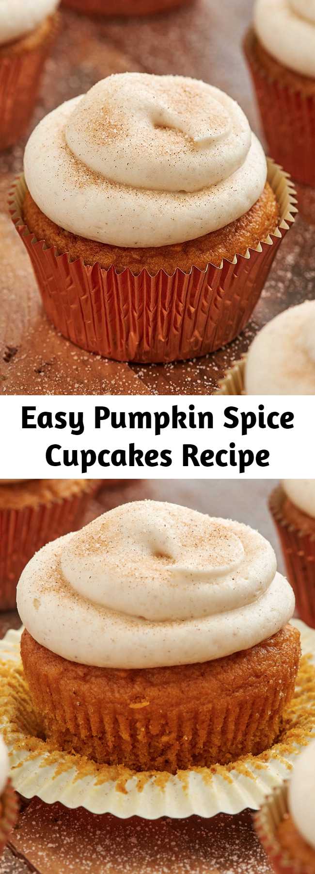 Easy Pumpkin Spice Cupcakes Recipe - If you are looking for a perfect pumpkin cupcake, look no further. These easy sweets are full of pumpkin spice and topped with a simple cream cheese frosting. We love it topped with some cinnamon sugar, but more pumpkin spice would also be delicious. Put these on the top of your baking list this fall! 