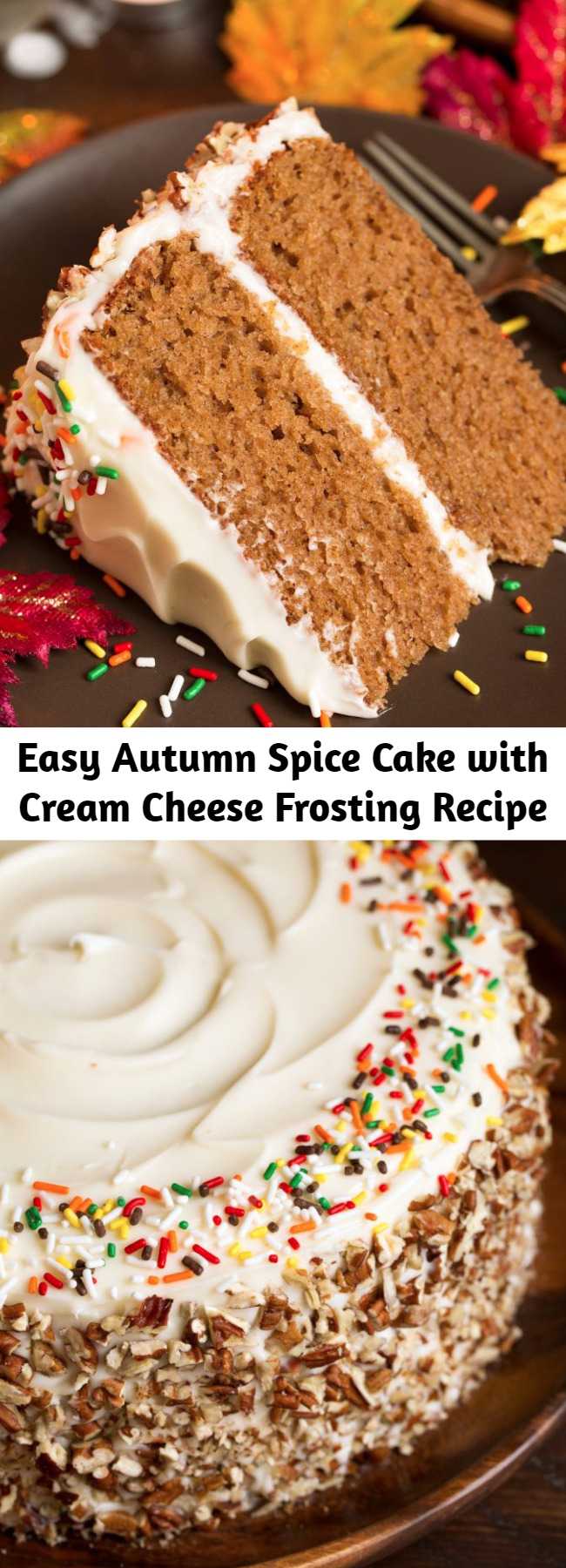 Easy Autumn Spice Cake with Cream Cheese Frosting Recipe - This is one of my all time favorite fall cakes! It's perfectly moist and brimming with lots of those sweet autumn spices. It has a tender crumb and so much flavor in every bite. No one can resist a slice!
