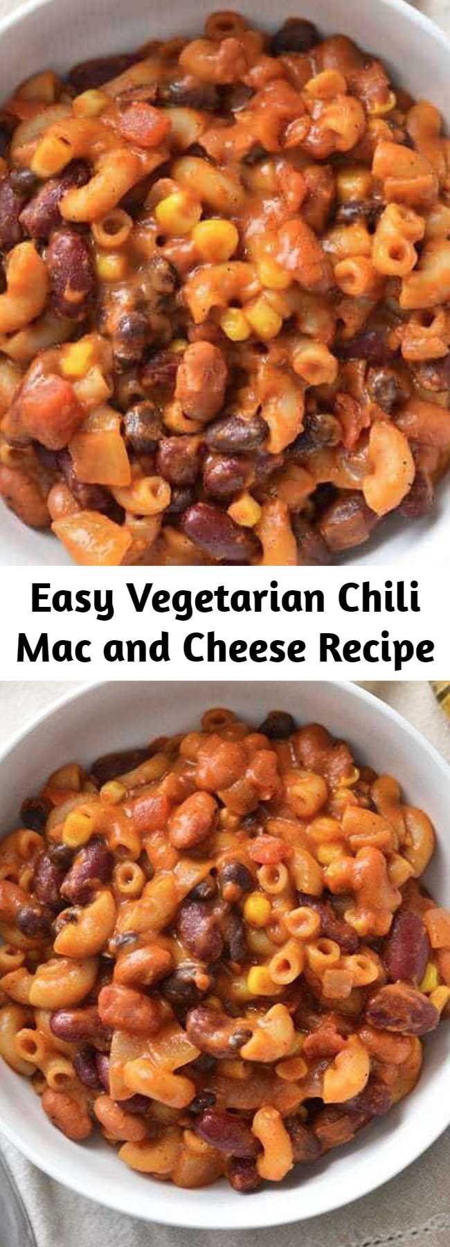 Easy Vegetarian Chili Mac and Cheese Recipe - This rich and comforting One Pot Vegetarian Chili Mac and Cheese is the perfect quick and easy weeknight meal. Works great for meal prep!