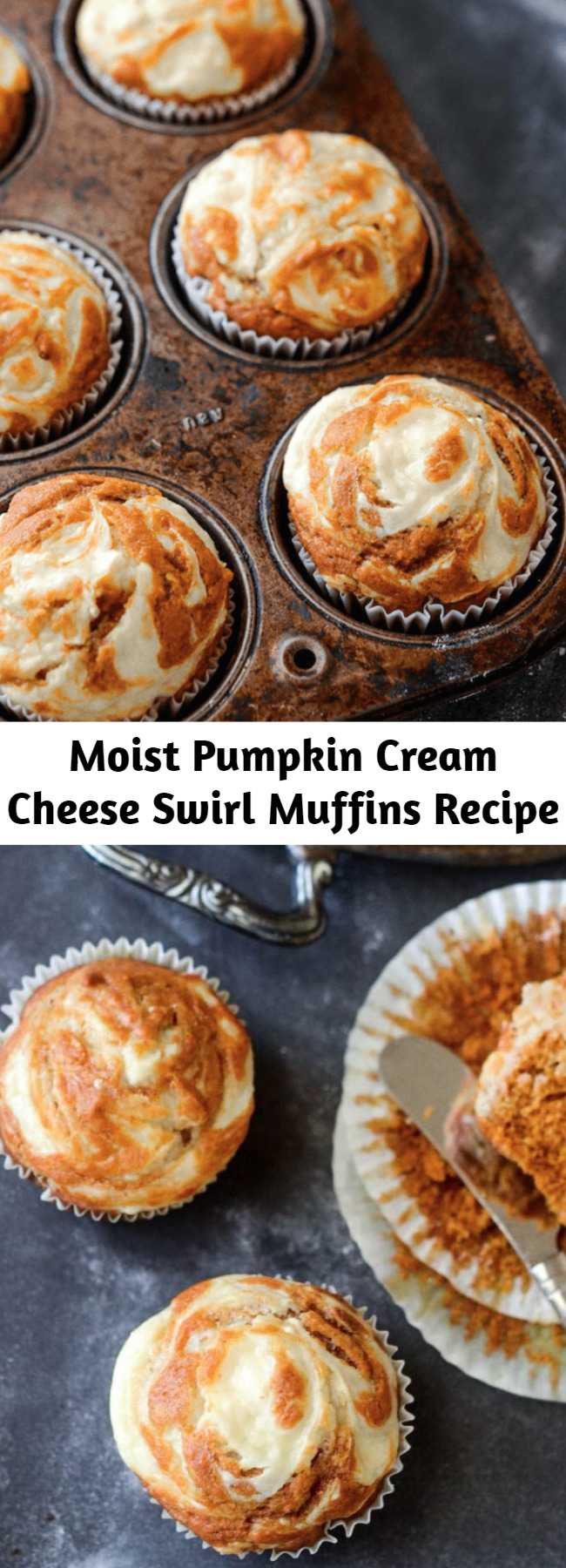 Moist Pumpkin Cream Cheese Swirl Muffins Recipe - Moist spiced pumpkin muffins are topped with sweet cream cheese that melts into them as they bake and only take 30 minutes!