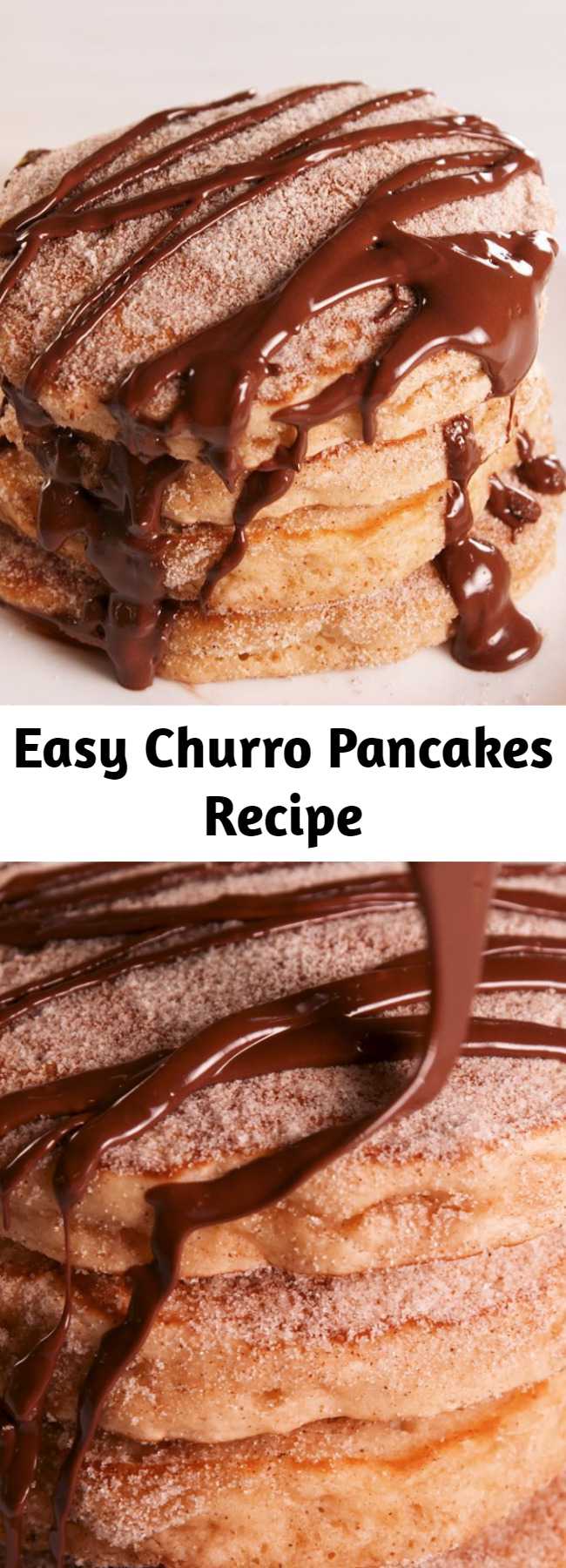 Easy Churro Pancakes Recipe - Churro pancakes are BEYOND fluffy. Cinnamon, brown sugar, and melted chocolate make these a brunch staple. #easy #recipe #churro #Pancakes #churropancakes #brownsugar #breakfast #brunch #indulgent